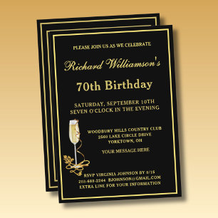 70th Birthday Party Elegant Black Gold Invitation