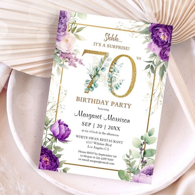 70th Birthday Party Elegant Gold Purple Peony Invitation (Creator Uploaded)