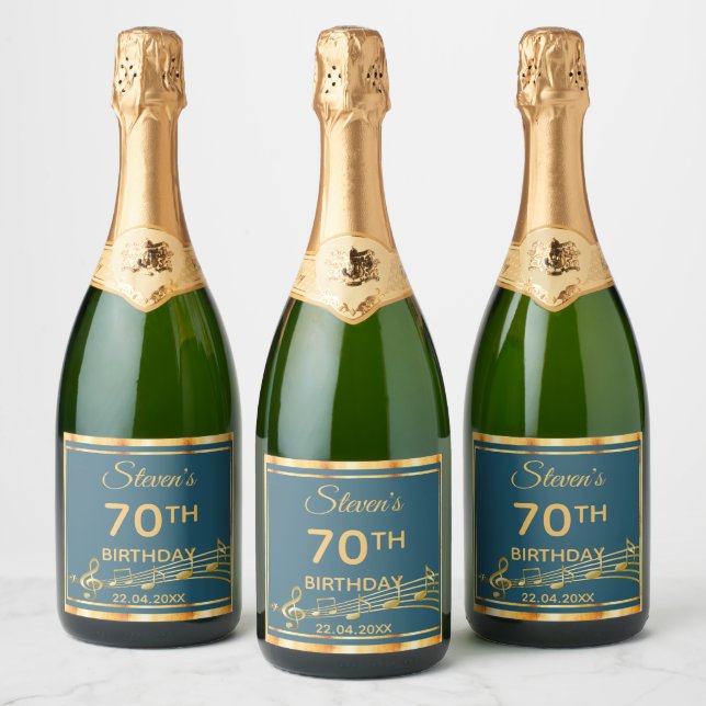 70th birthday party elegant teal and gold music sparkling wine label (Bottles)
