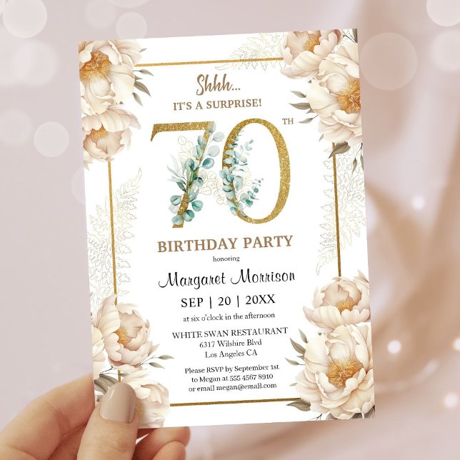 70th Birthday Party Elegant White Peony Floral Invitation (Creator Uploaded)