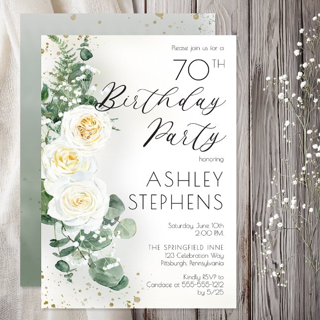 70th Birthday Party Elegant White Rose Eucalyptus  Invitation (70th Birthday Party Elegant White Rose Eucalyptus Floral --Print | Digital Download)
