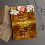 70th birthday party faux gold foil and flowers invitation<br><div class="desc">A trendy,  modern birthday party invitation card.  A dark faux gold coloured background,  and golden coloured letters. Templates for your information. Pink rose,  white Cherry flowers and dahlias. Faux gold decor with floral swirls
Back: faux gold foil and floral swirls</div>