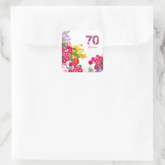70th birthday party floral flowers bouquet square sticker (Bag)