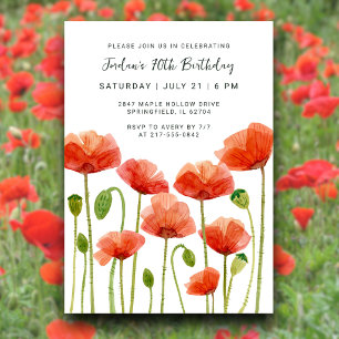 70th Birthday Party Floral Poppies Watercolor Chic Invitation