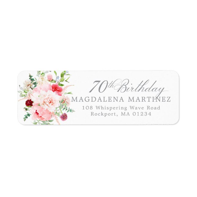 70th Birthday Party Floral Return Address Label (Front)