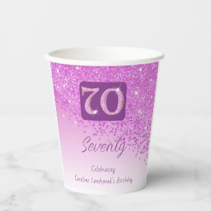 70th Birthday Party Gleaming Pink Glitter Paper Cups