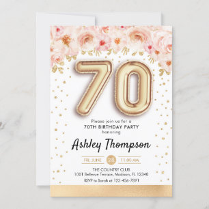 70th Birthday Party - Gold Balloons Invitation