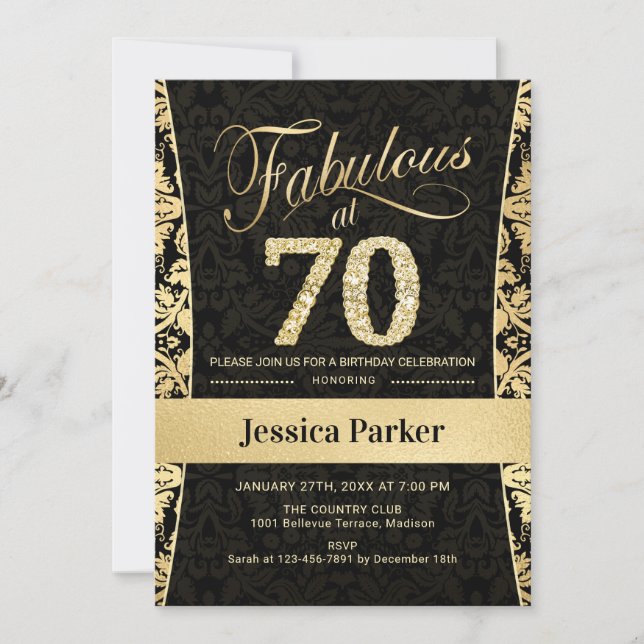 70th Birthday Party - Gold Black Invitation (Front)