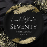 70th Birthday Party Gold Black Look Who's Paper Plate<br><div class="desc">Elegant Faux gold foil paint splatters design. All text is adjustable and easy to change for your own party needs. Great elegant 70th birthday template design. Fancy Birthday party Napkins. Black and gold</div>