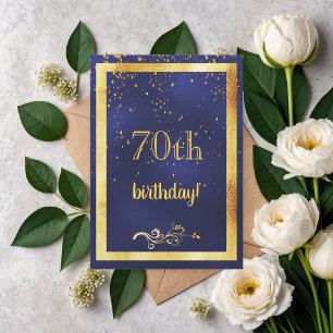 70th birthday party gold frame blue invitation