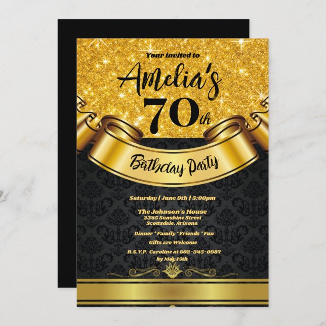 70th Birthday Party Gold Glitter-Black Elegant Invitation (Front/Back)