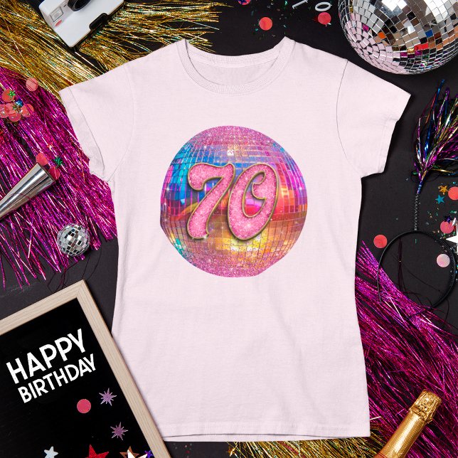 70th Birthday Party Gold Pink Glitter Disco Ball T-Shirt (Creator Uploaded)