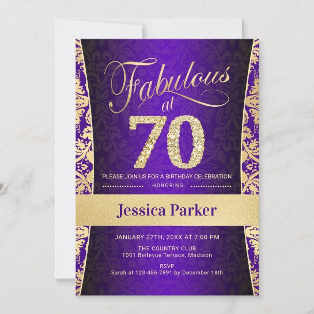 70th Birthday Party - Gold Purple Invitation (Front)