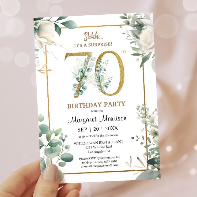 70th Birthday Party Gold Watercolor Greenery Invitation (Creator Uploaded)
