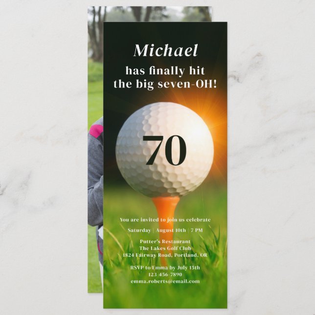 70th Birthday Party Golf Seventy Photo QR Code Invitation (Front/Back)