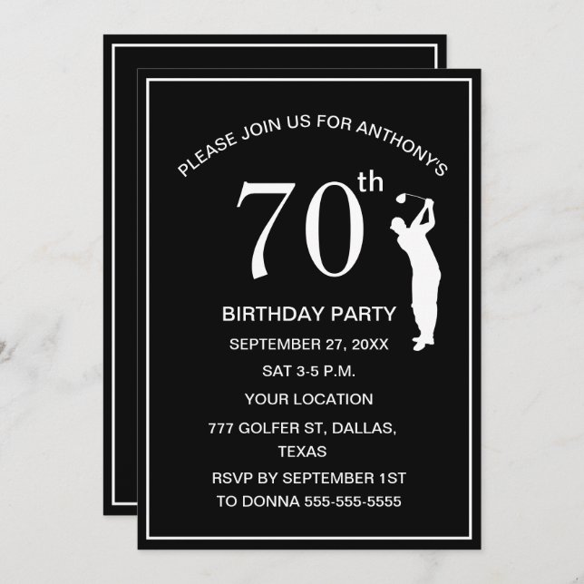 70th Birthday Party Golfer Black Par Dad Golf Invitation (Front/Back)