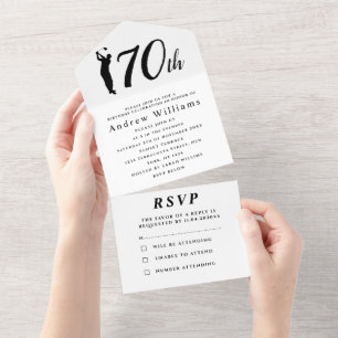 70th Birthday Party Golfer Black Simple Modern All In One Invitation