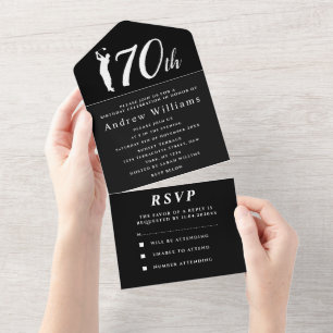 70th Birthday Party Golfer Black Simple Modern All In One Invitation