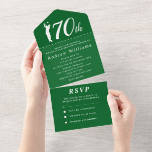 70th Birthday Party Golfer Green Simple Modern All In One Invitation