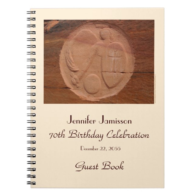 70th Birthday Party Guest Book, Angel in the Rocks Spiral Notebook (Front)