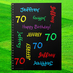 70th Birthday Party Guest Book, Repeat Name Black Spiral Notebook<br><div class="desc">What a wonderful, personalised spiral notebook Guest Book for a 70th birthday party or any other occasion. On the cover, Name and Age repeats in different fonts and primary colours on a black background. Easy to personalise - just CHANGE NAME, AGE, and OCCASION in ONE PLACE. Supports name up to...</div>