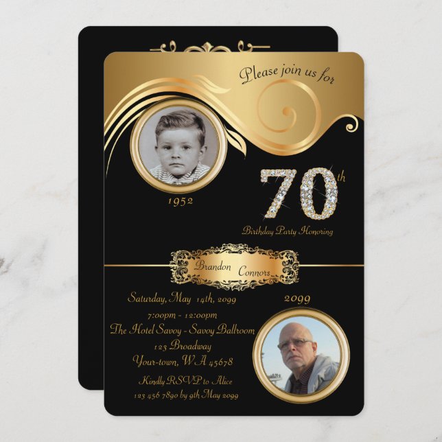 70th Birthday Party Invitation, Black and Gold Invitation (Front/Back)