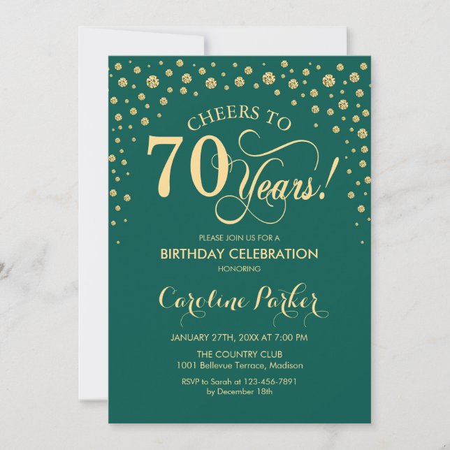 70th Birthday Party Invitation - Gold Green (Front)