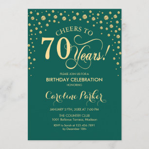 70th Birthday Party Invitation - Gold Green