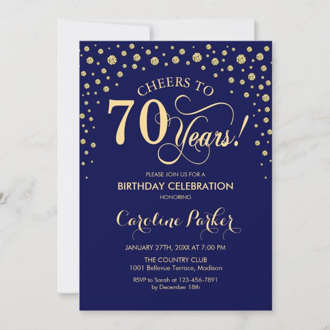 70th Birthday Party Invitation - Gold Navy Blue (Front)
