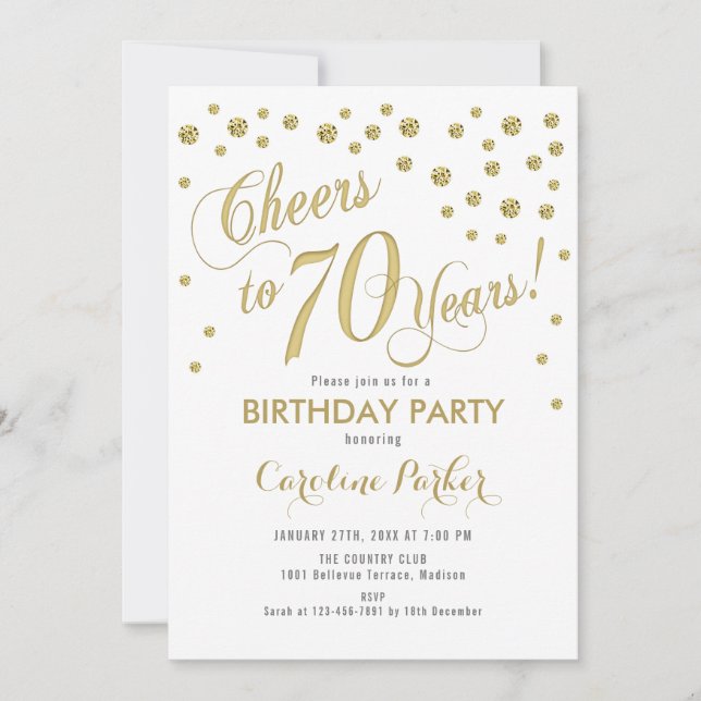 70th Birthday Party Invitation - Gold White (Front)