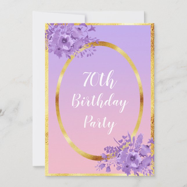 70th birthday party invitation rose gold violet (Front)