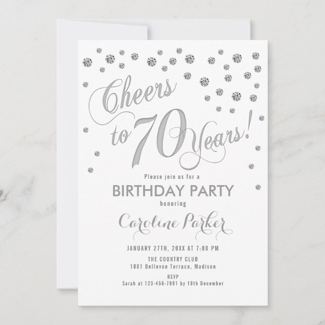 70th Birthday Party Invitation - Silver White (Front)