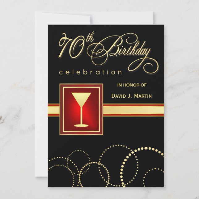 70th Birthday Party Invitations -Elegant Black Red (Front)