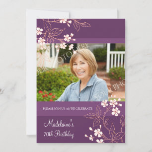 70th BIrthday Party Invitations Plum Coral Flowers