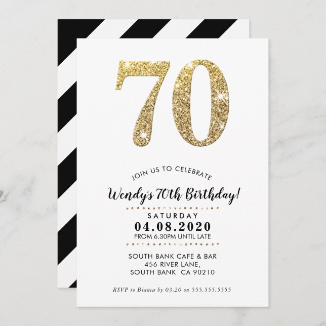 70TH BIRTHDAY PARTY INVITE modern gold glitter (Front/Back)