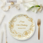 70th Birthday Party Luxe Gold Rose Floral Ivory Paper Plate<br><div class="desc">Elegant rose gold floral 70th birthday paper plate features pretty script calligraphy surrounded by a luxe gold rose wreath. The roses look beautiful with the soft ivory white background. You can actually change the background colour to any colour. All of the text can be edited. This item is part of...</div>