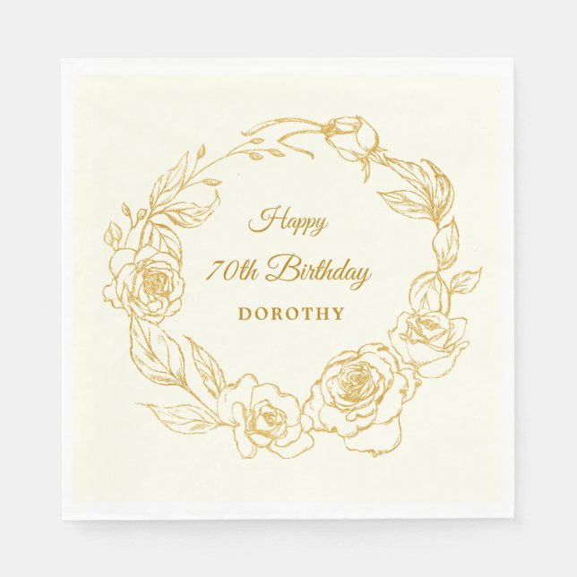 70th Birthday Party Luxe Gold Rose Ivory Cocktail Napkin (Front)