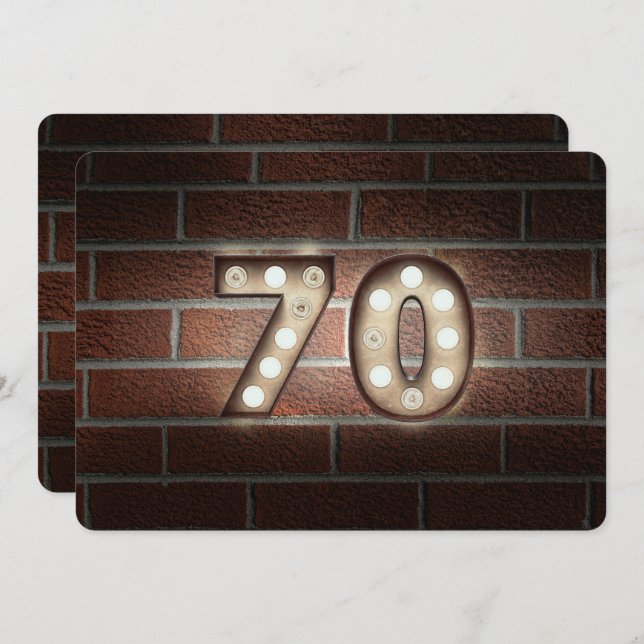 70th Birthday Party-marquee lights on brick Invitation (Front/Back)