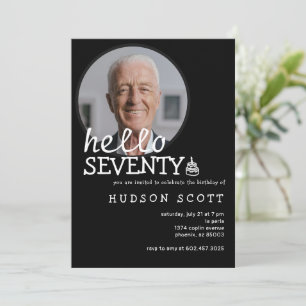 70th Birthday Party Mens Photo Hello Seventy Black Invitation