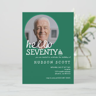 70th Birthday Party Mens Photo Hello Seventy Green Invitation