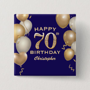 70th Birthday Party Navy Blue and Gold Balloons 15 Cm Square Badge