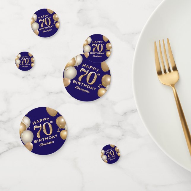 70th Birthday Party Navy Blue and Gold Balloons Confetti (Group)