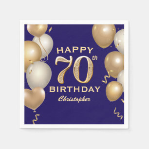 70th Birthday Party Navy Blue and Gold Balloons Napkin