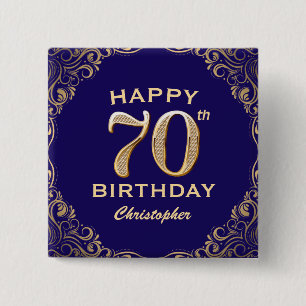 70th Birthday Party Navy Blue and Gold Glitter 15 Cm Square Badge