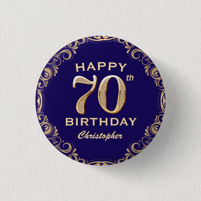 70th Birthday Party Navy Blue and Gold Glitter 3 Cm Round Badge (Front)