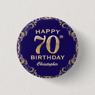 70th Birthday Party Navy Blue and Gold Glitter 3 Cm Round Badge