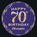 70th Birthday Party Navy Blue and Gold Glitter Classic Round Sticker<br><div class="desc">70th Birthday Party Navy Blue and Gold Glitter Frame Sticker. For further customisation,  please click the "Customise it" button and use our design tool to modify this template.</div>