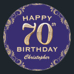 70th Birthday Party Navy Blue and Gold Glitter Classic Round Sticker<br><div class="desc">70th Birthday Party Navy Blue and Gold Glitter Frame Sticker. For further customisation,  please click the "Customise it" button and use our design tool to modify this template.</div>