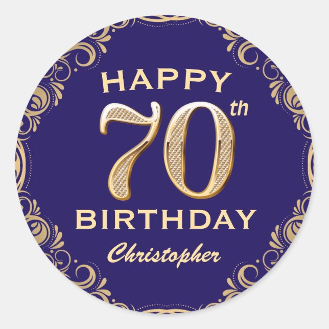 70th Birthday Party Navy Blue and Gold Glitter Classic Round Sticker (Front)