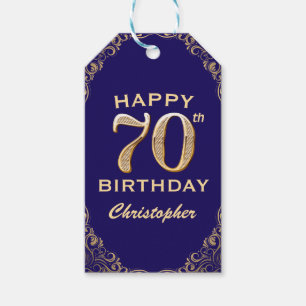 70th Birthday Party Navy Blue and Gold Glitter Gift Tags